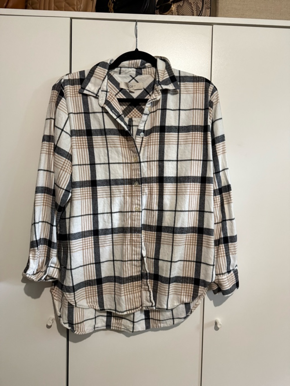 LOFT Plaid Button-Up Shirt in Black, Cream & Tan
